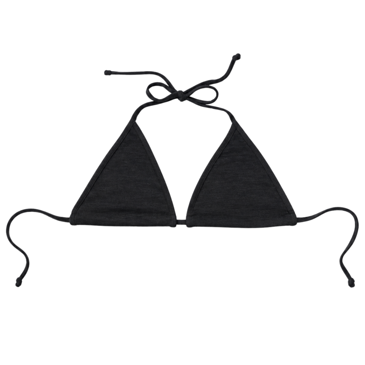 Black merino wool triangle bikini top with halter neck tie and back tie