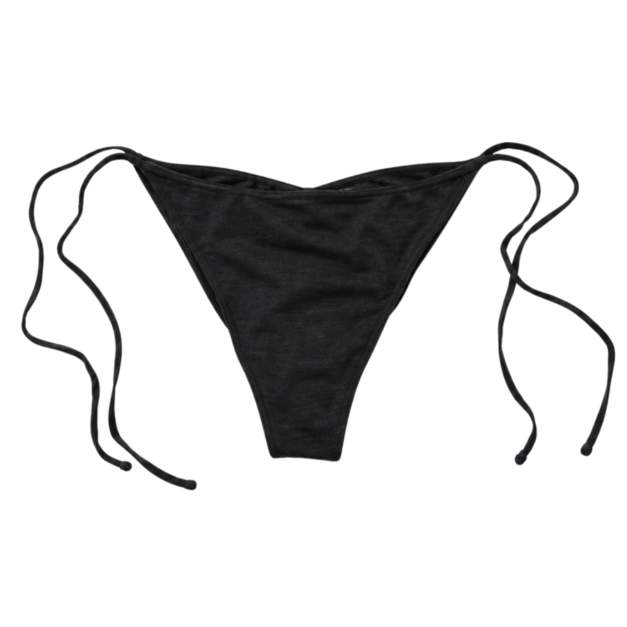 Black merino wool cheeky bikini bottoms with high cut leg and side ties
